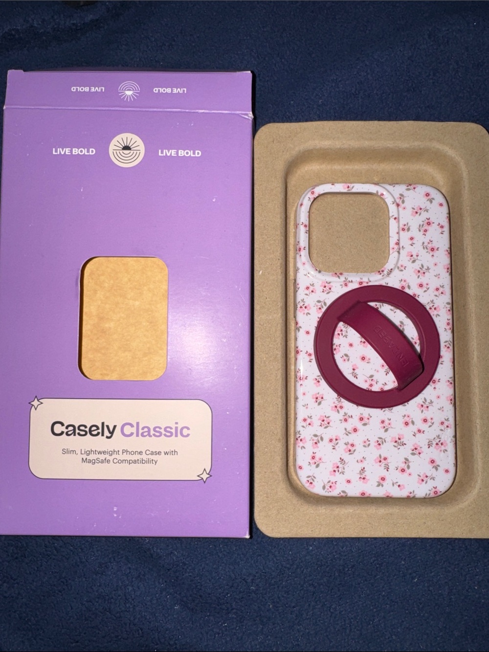 Casely Floral MagSafe Phone Case with Burgundy Ring - White/Pink iPhone 15 Pro